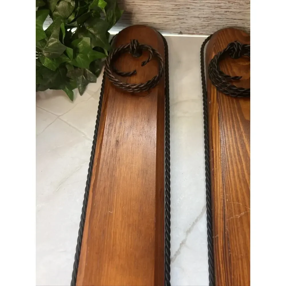 2 Wood Sconces Rustic Farmhouse Black Wrought Iron Twisted Iron Vintage